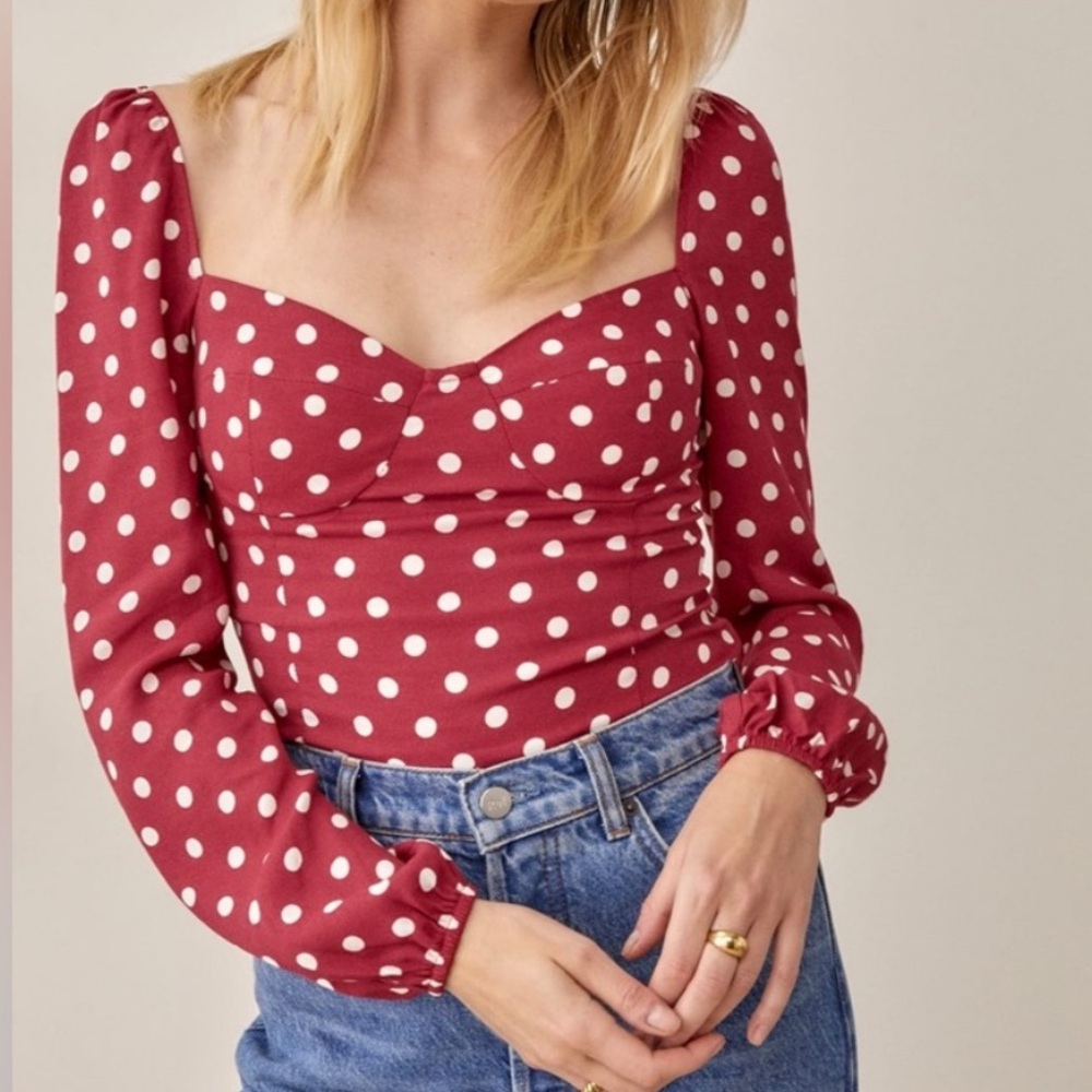 Reformation Red and White Fitted Blouse with Ruched Sleeves